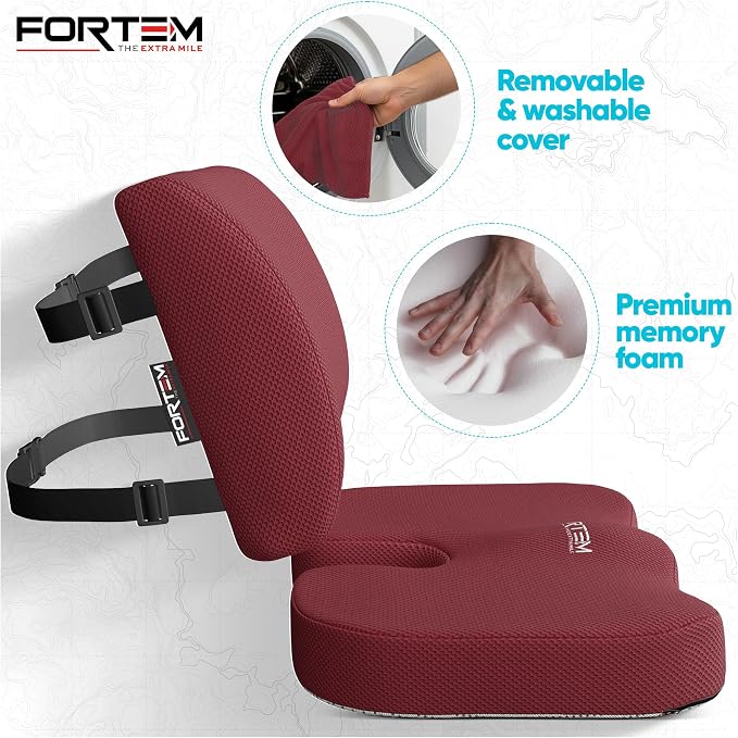 FORTEM Seat Cushion, Office Chair Cushion, Lumbar Support Pillow for Office Chair, Memory Foam Car Seat Cushions, Sciatica Coccyx Tailbone Pain Relief, Cushions for Back Support, Washable, Non Slip