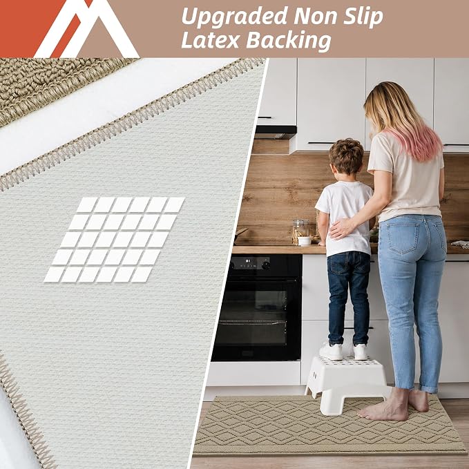 COSY HOMEER-Kitchen-Rugs-and-Mats 20"x48" Non Slip Kitchen Mats for Floor Absorbent Washable Kitchen Runner Standing Floor Mat for Sink Mat,Entry,Laundry,Polypropylene,Beige