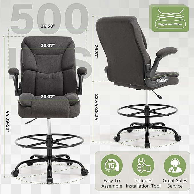 500LBS Drafting Chair, High Back Safer Standing Desk Chair, Executive Tall Office Chair with Flip-up Armrests, Upholstered Fabric Task Chair, Ergonomic Seat with Adjustable Height&Foot Ring, Black