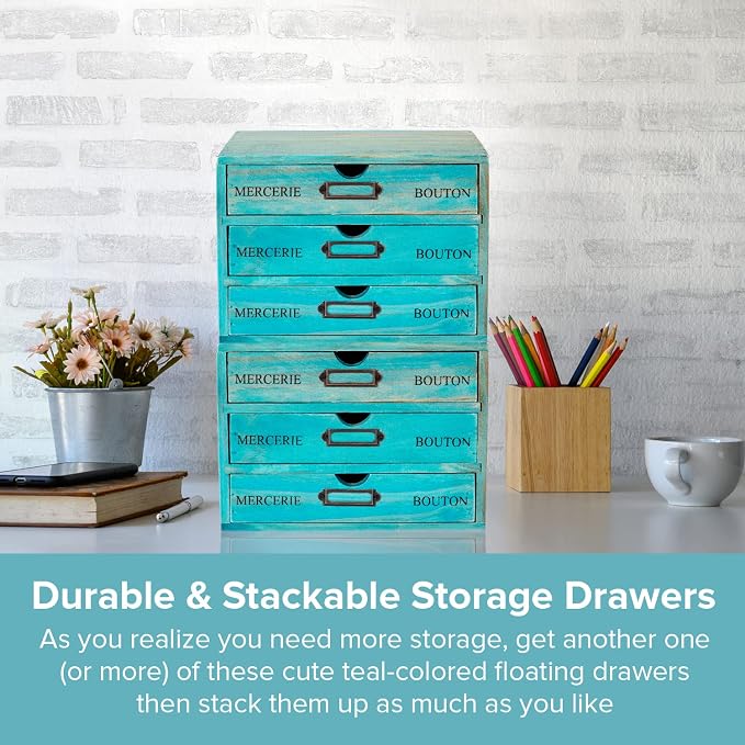 Turquoise 3-Tier Drawer Unit - European Country Style Desk Organizer Box - 9.7x7x7.5" Wooden Teal Stackable Drawers - Countertop Organizer Drawers w/Label Holder - Triple File Drawer Unit