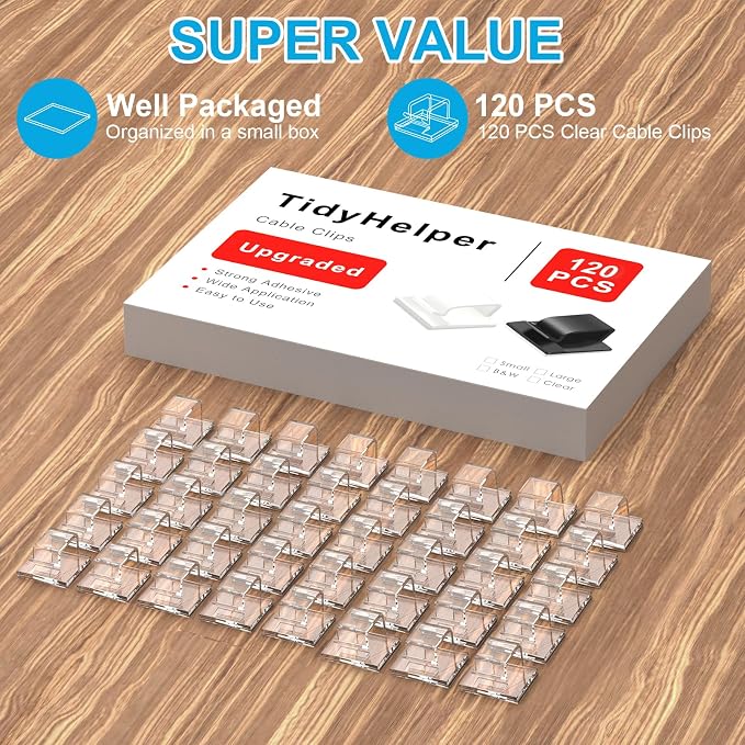 120 PCS Cable Clips Clear, Upgraded Adhesive Cord Clips for Wires on Wall, Christmas Light Clips Wire Clips for Cable Management Cord Organizer, USB, Phone Charger, Cat 6, Car Dash Cam