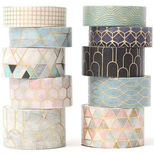 Creative Washi Tape Set 10 Rolls Gold Foil Print Decorative Masking Tapes for Arts, DIY Crafts, Journals, Planners, Scrapbook, Wrapping (Geometric Order)