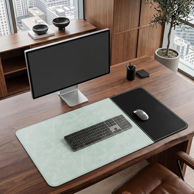 HAUTOCO Cork Desk Mat 31.5"x15.7", Distressed PU Leather & Cloth Desk Pad | Waterproof, Non-Slip, Stitched Edges, Mint Green Large Gaming Mouse Pad, Laptop Blotter & Desk Protector for Office and Home