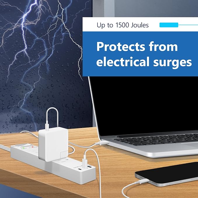 LIDER Outlet Extender with 4 Receptacles, USB-A & 2 USB-C, 45 Degree Angle Ultra-Thin Flat-Plug, 4-Outlet Power Strip, Surge Protector 1500 Joules, 5ft Cord, 1250W, ETL Listed, Matte White