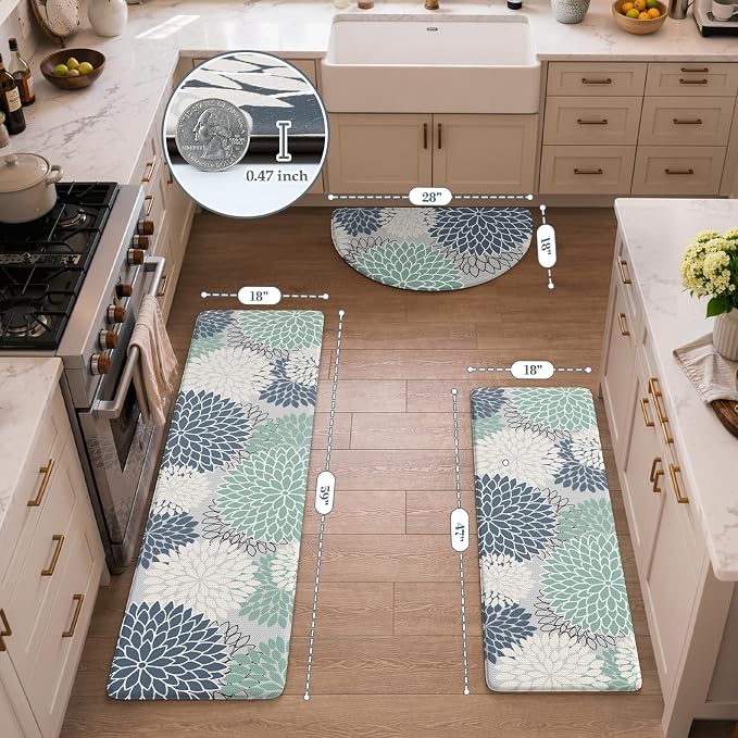 KIMODE Half Circle Anti Fatigue Mats for Kitchen Floor Rug Sets of 3 | 18"x28+18"x47"+18"x59",Cyan Dahlia Floral Boho,Half Round,3PCS,Non Slip,Waterproof,for Sink Office Laundry Bathroom Decor