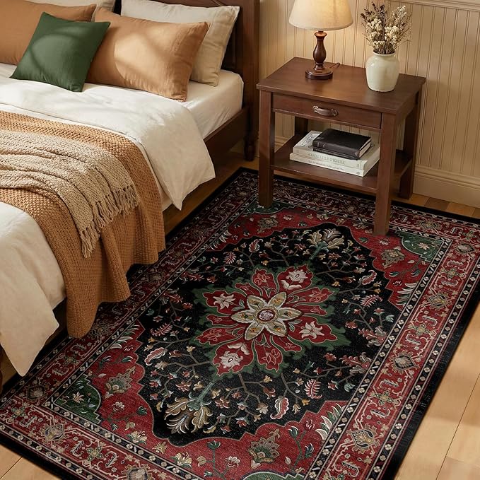 RELEANY Area Rugs 3'x5' Washable Non-Slip, Floral Vintage Distress Medallion Carpet for Living Room Bedroom Dining Room, Red Black