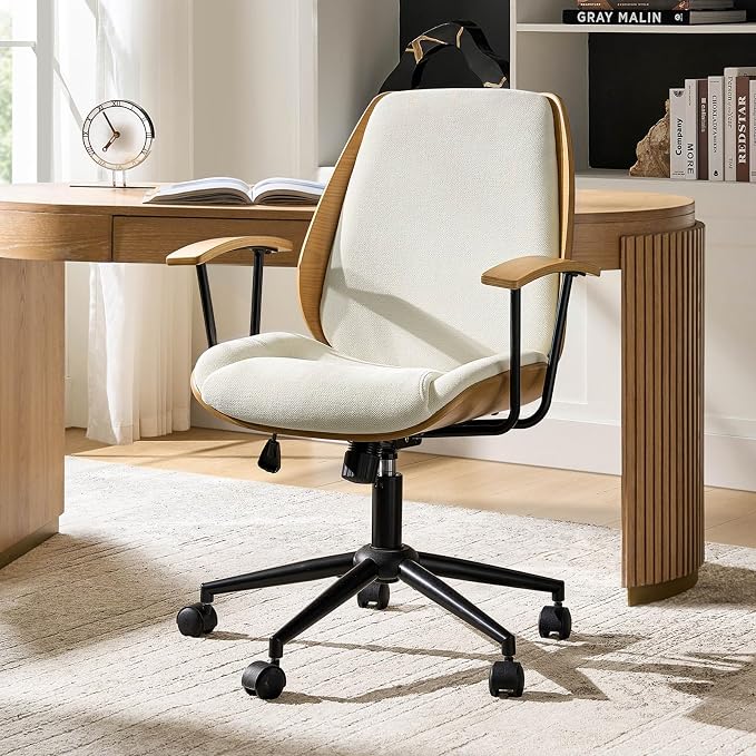 HULALA HOME Solid Wood Office Chair with Tilt Function & Metal Base, Ivory | Mid Century Modern Desk Chair with Bent Wood Frame, 360° Swivel Fabric Computer Task Chair, Height Adjustable