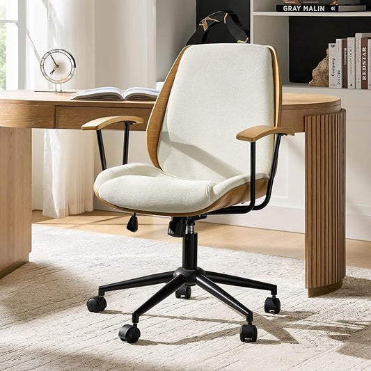 HULALA HOME Solid Wood Office Chair with Tilt Function & Metal Base, Ivory | Mid Century Modern Desk Chair with Bent Wood Frame, 360° Swivel Fabric Computer Task Chair, Height Adjustable