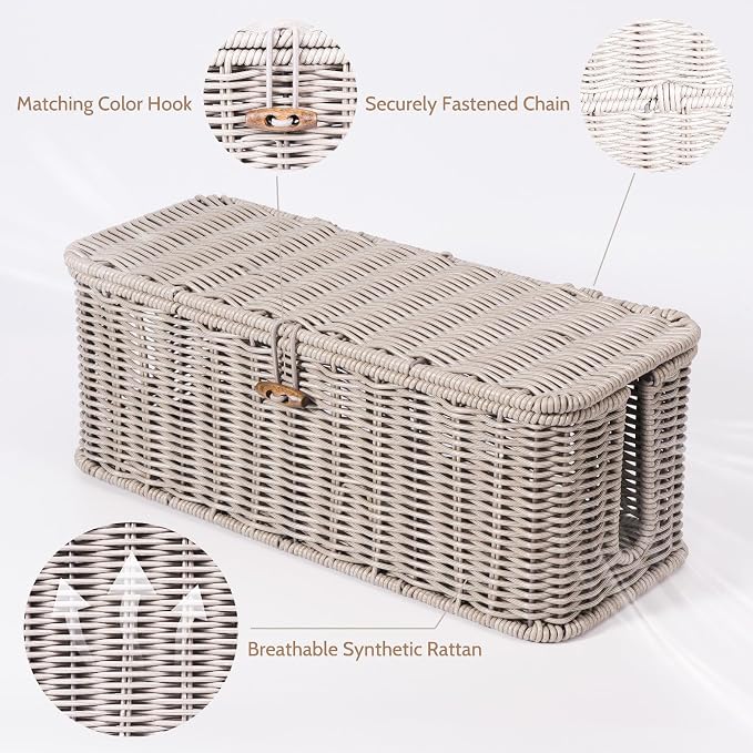 BROWNLILY Cable Management Box, Rattan Style Cord Organizer for Desk Cord Hider Outlet Covers for Power Strip TV PC Router Charger Under Desk Storage with Lockable Lid and Cable Ties