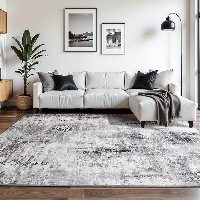 Macgace Washable Abstract Rug, 6x9 Modern Area Rugs with Non-Slip Rubber Backed for Living Room, Thin but Soft Contemporary Carpet Kitchen Bedroom Dining Room Decor, Dark Grey