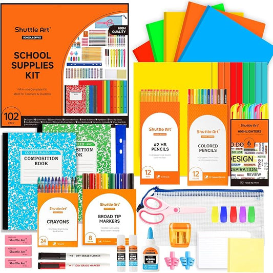 Shuttle Art 102 PCS Back to School Supplies Kit, School Supply Box for Grades K-5, School Supplies for Kids and Students, Including Pencils, Pens, Markers, Erasers, Notebooks, Folders and More