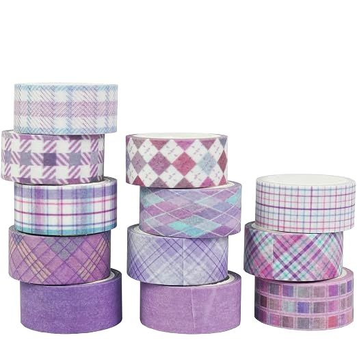 Basic Grid Washi Tape Set 12 Rolls Plaid Decorative Masking Tapes for Arts, DIY Crafts, Journals, Planners, Scrapbook, Wrapping (Purple)