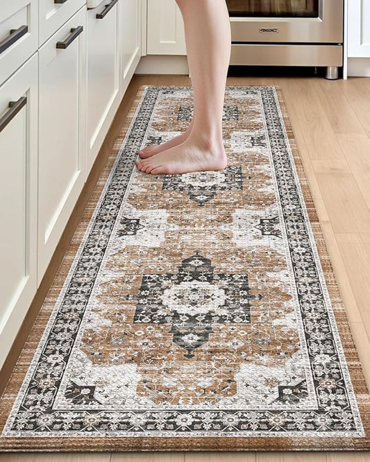 DEXI Kitchen Floor Mats Cushioned Anti Fatigue, 23x86 Long Wide Standing Comfort Runner Rug, Waterproof Retro Floral Memory Foam Padded for Front Sink Laundry, Black/Brown