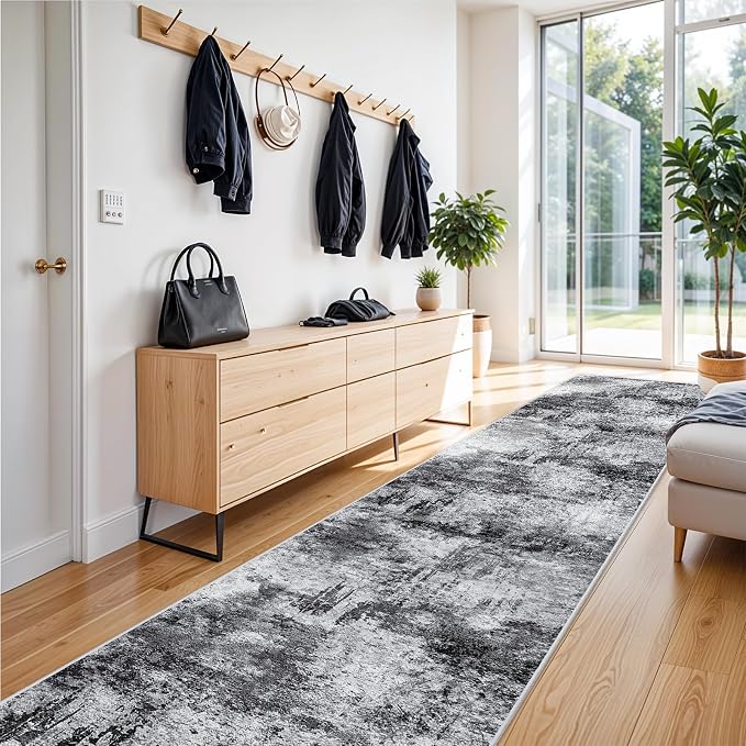 3x14 ft Long Hallway Runner Rug: Modern Abstract Washable Non-Slip Kitchen Runner Wide Throw Indoor Carpet for Entryway Bedroom - Ultra Soft Low-Pile Thin Floor Mat for Home Decor (3x14 Black-A)
