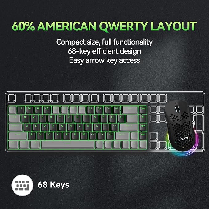 TMKB T68 60% Wireless Mechanical Gaming Keyboard, Tri-Mode BT5.0/2.4GHz/USB-C with Clicky Blue Switch, RGB Backlight, Anti-Ghosting, Compact 68 Keys, Wired/Wireless, Gray/Black