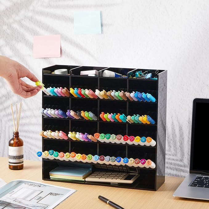 MotiMind Acrylic Pen Organizer Storage for 250 Markers Vertical Marker Organizer Acrylic Pen Display Holder for Office Desk Desktop Stationery Pencil Storage, Black, 13 x 4 x 12.4 Inch