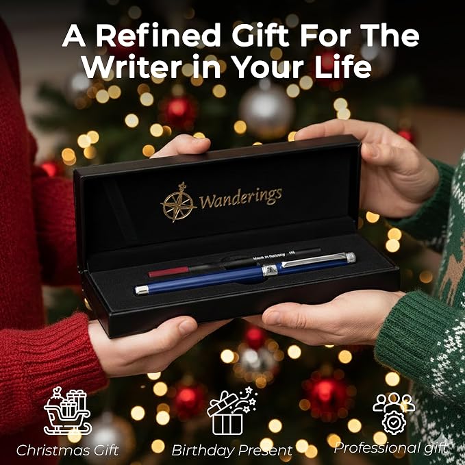 WANDERINGS Premium Ballpoint Pen with German Ink – Perfectly Balanced Executive Pen with Chrome Accents – Blue Breeze - Includes a Schmidt Refill in a Giftable Presentation Case for Men or Women