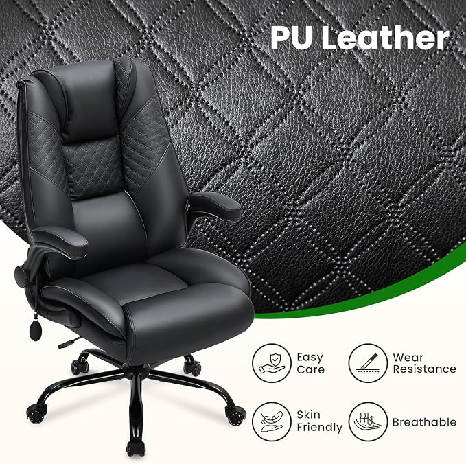 CIOMAN 500lbs Big and Tall Office Chair with Inflatable Lumbar Support, Rubber Wheels Executive Chair with Rocking Function, High Back Wide Cushion Ergonomic Desk Chair for All-Day Sitting,Black