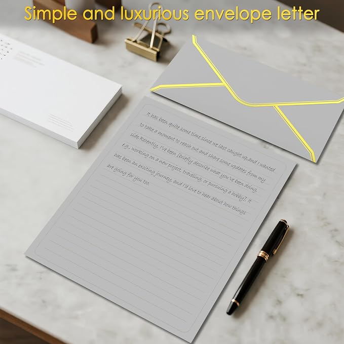 J6&H6 Gold Thread Stationary Paper and Envelopes Set Including 12 Standard Sized Phnom Penh Envelopes and 24 Sheets of Lined Paper Suitable for Daily Emotional Expression Formal Communication(grey)