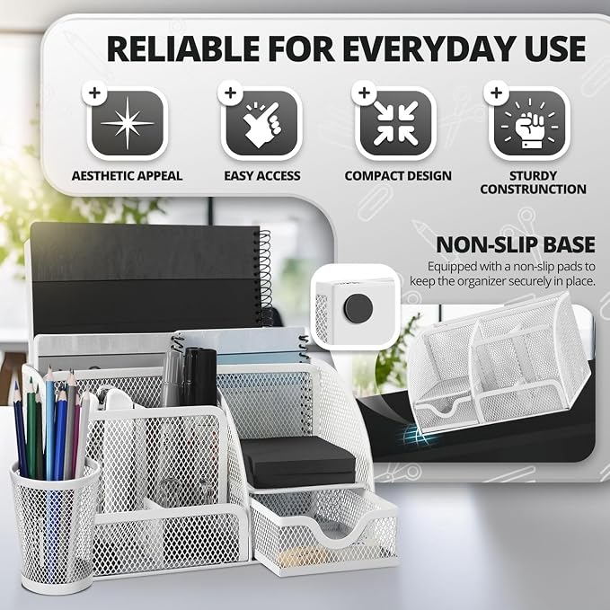 Flexzion Desk Caddy Organizer Set (White) - Metal Mesh Desktop Caddy with Drawers, 6 Compartments, and Pencil Holder for Women & Men - Desktop Organizer and Storage for Work or Office Supplies | Compact Desktop Caddy with Separate Pen Holder; 8.7 X 5.5...