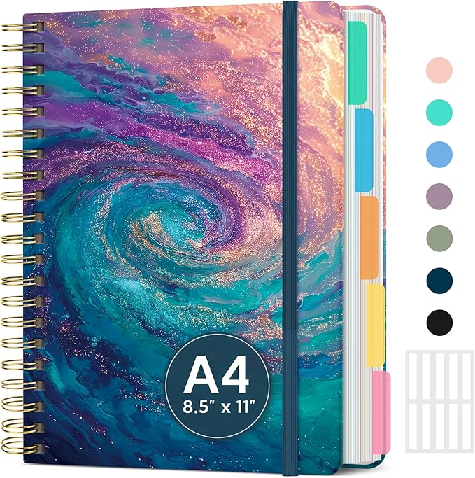 Large Spiral Lined Notebooks for Work with Removable Dividers & Tabs, 8.5"x11" Pretty Hardcover 5 Subject Notebook Journal for Women, College Ruled, Perfect for Study & Office Organization, 280 Pages,Galaxy Flow