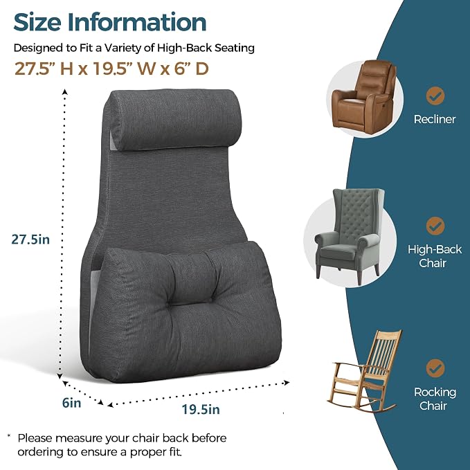 Shinnwa Adjustable Lumbar Support Pillow for Recliner with Headrest | Self-gripping fabric,Shredded memory foam filling,Back Support Pillow with Headrest, Lower Back Pillow for Chair and Couch