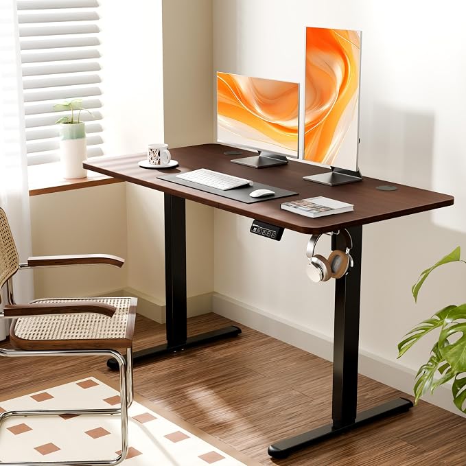 47"x24" Standing Desk, Height Adjustable Sit-Stand Home Office, Walnut | Electric Adjustable Standing Desk, Sit to Stand Computer Office Desk with Splice Board, Memory Preset, Lifts 28.7''-46.5"