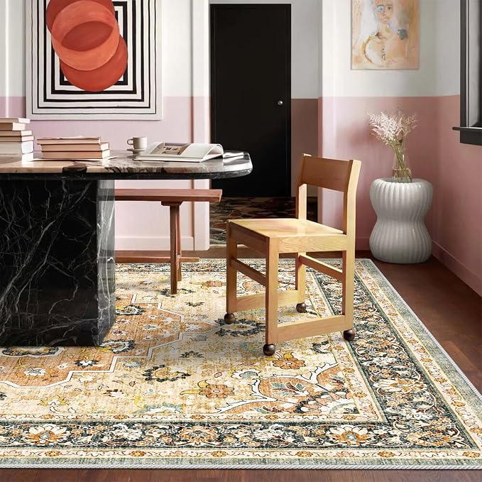 TOPRUUG Washable Oriental Area Rug - 9x12 Rugs for Living Room Soft Carpet for Bedroom Waterproof Floral Distressed Indoor Stain Resistant Non-Shedding Floor Carpets (Orange, 9x12)