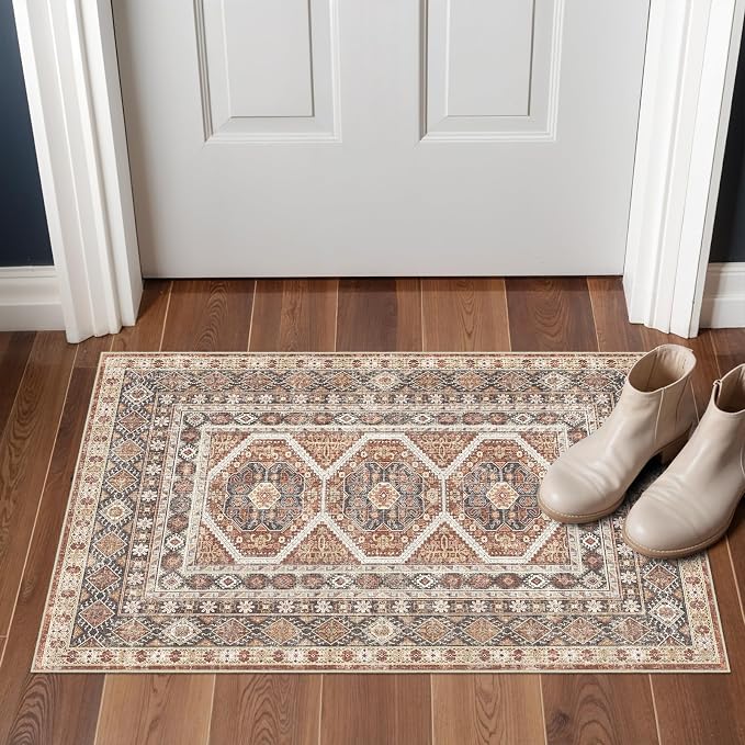 Washable Area Rug Non Slip - 2x3 Small Kitchen Boho Rug Vintage Entryway Low Pile Carpet for Doormat Brick (Brick, 2x3)