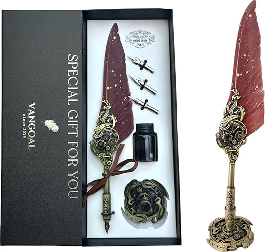 VANGOAL Steampunk Feather Pen and Ink Set with Gift Box, Vintage Quill Pen for Writing, Calligraphy Pen Set for Office Supplies, Birthday, Wedding, Christmas Gift (Coffee)