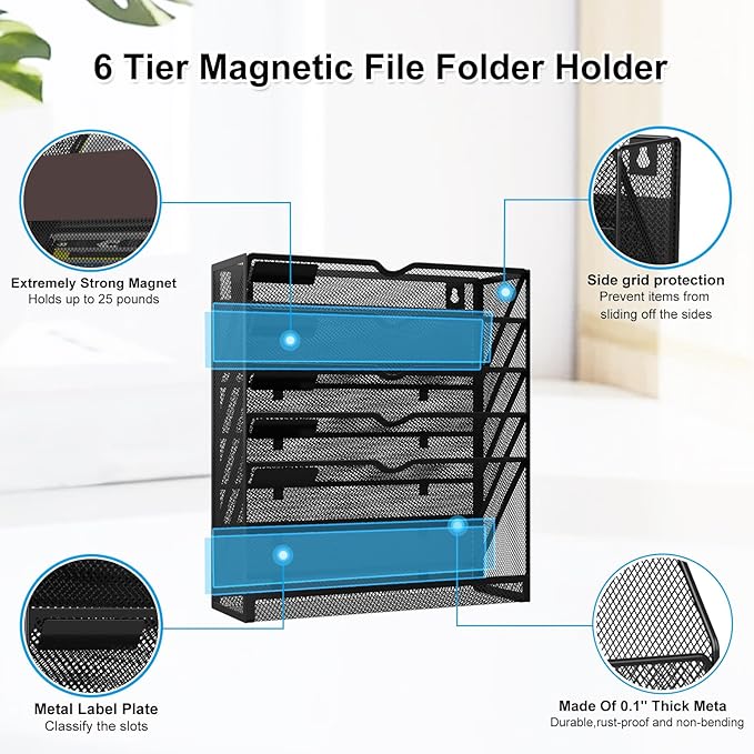 6 Tier Magnetic File Holder, Large Capacity Mesh Hanging Wall Organizer Vertical Magnetic Hanging File Organizer, Magnetic File Folder Holder for File Cabinets, Office, Whiteboard (Black)