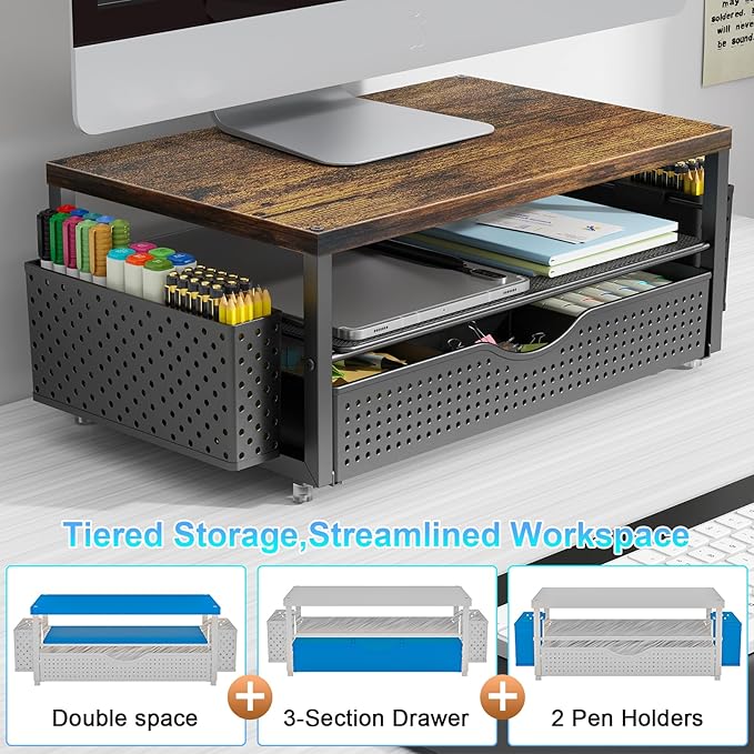 gianotter Desk Organizers and Accessories, Monitor Stand with Drawer and 2 Pen Holder, Desktop Organizer Suitable for Offices and Dormitories (Wood-Plain)
