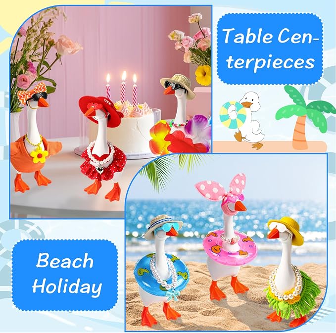 Desk Goose Key Holder 7 Inch Mini Figurine with 6 Set Summer Hawaiian Outfits,Summer Holiday Desktop Magnetic Small Proch Goose Resin Statue Set for Home Office Bedroom Office Table Decor