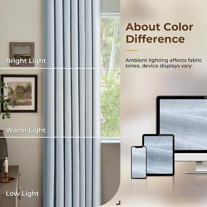 INOVADAY 100% Blackout Curtains for Bedroom, Black Out Curtains 84 Inch Long, Clip Rings Linen Blackout Drapes, Thermal Insulated Room Darkening for Living Room, 2 Panels - Chambray Blue,W50xL84