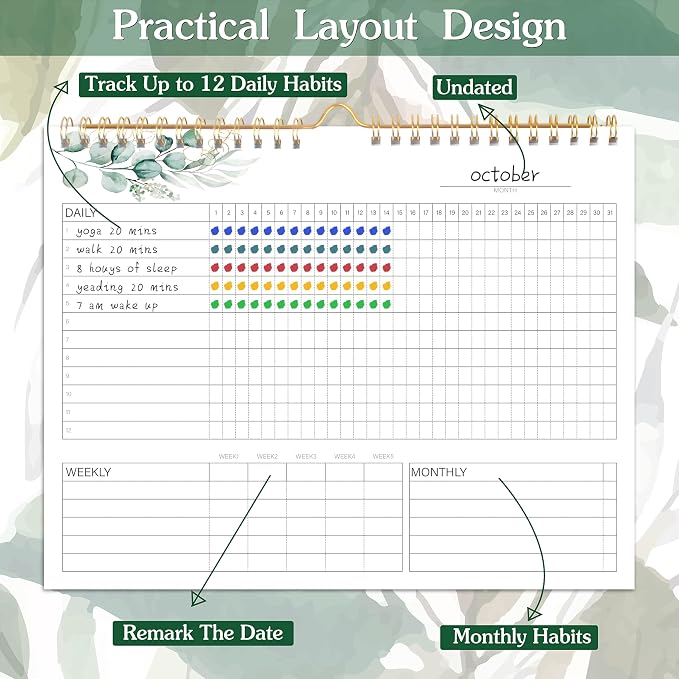 Habit Tracker Calendar - 12 Months Undated Daily Weekly & Monthly Period Habit Tracker Journal, Greenery Floral, Spiral Binding & Hanger, 7.8"x10"