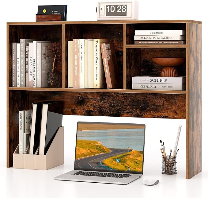 Tangkula Desktop Bookshelf, Countertop Storage Hutch with 4 Shelves for Computer Desk, Desk 2-Tier Display Rack, Multipurpose Wood Desktop Hutch Storage Organizer for Dorm Office Home
