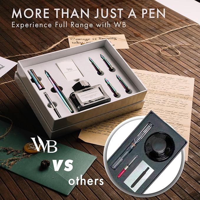Wordsworth & Black Fountain Pen Gift Set, Includes Ink Bottle, 6 Ink Cartridges, A Refill Converter, 4 Replacement Nibs, Journaling, Calligraphy, Smooth Writing Pens [Rainbow]