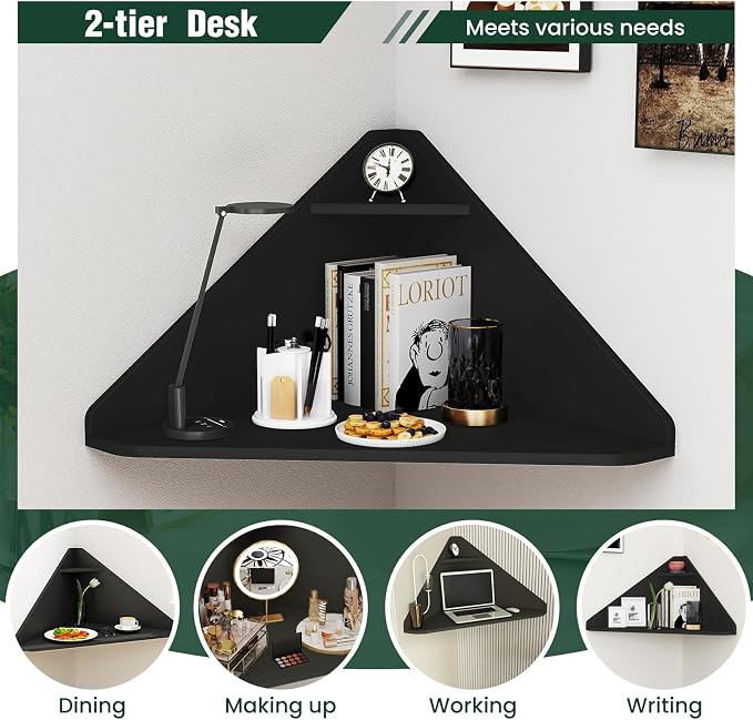 GOFLAME Floating Corner Desk, Wall Mounted Triangular Computer Desk w/Storage Shelf, Space-Saving Design, 90° Wooden Floating Home Office Desk for Writing, Working, Studying (Black)