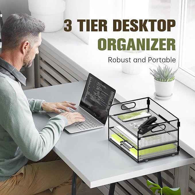 Daltack 3-Tier Paper Organizer with Handle, Mesh Desk Organizer Letter Tray, Paper Tray Organizer File Organizer for A4 File Folder, Black