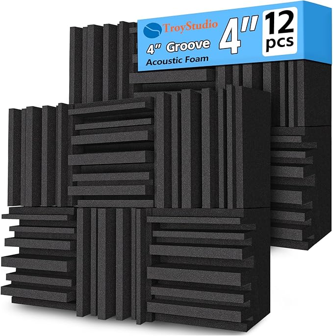 TroyStudio Thick Acoustic Foam Panels, 12 X 12 X 4 Inch 12 Pcs Broadband Sound Absorbing Foam, Dense Soundproof Padding Tile, Recording Studio Foam Absorber, Groove Decorative 3D Wall Ceiling Panel