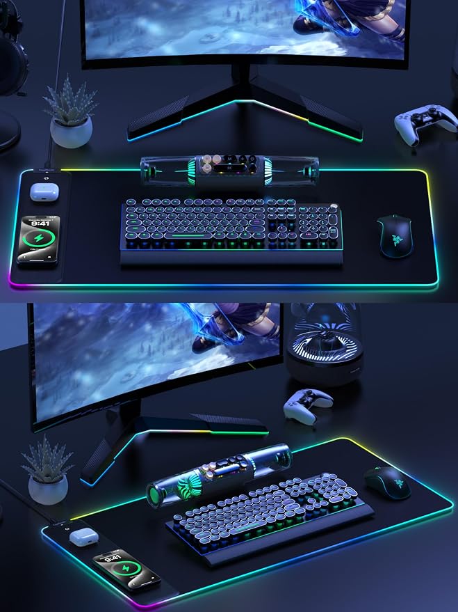 TopMade Wireless Charging RGB Mouse Pad, Waterproof Gaming Desk Mat with 4 Light Modes & 11 RGB Colors, 31.5"x15.75" XXL Large Desk Pad(Includes 20W PD Power Adapter & 6.56ft Woven Cable)