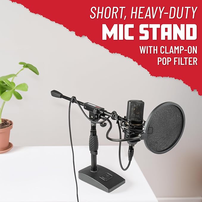 Gator Frameworks Short Weighted Base Microphone Boom Arm Stand with Clamp-On Single Layer Pop Filter (GFW-MIC0821-POP), Black