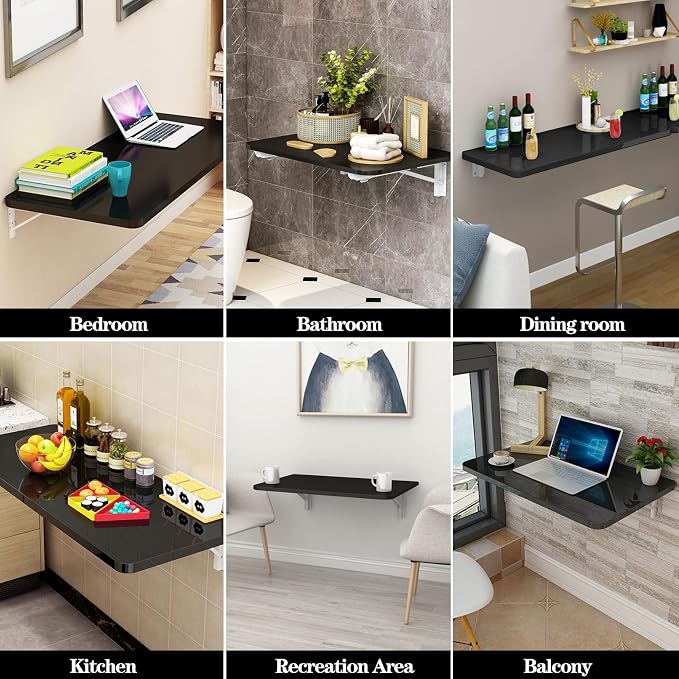 Wall Mounted Folding Table,Black Floating Desk for Small Spaces,Stainless Steel Bracket Laundry Folding Table,Wall Folding Desk,Home Bars and Dining Establishments(100x50cm/39.4"×19.7")