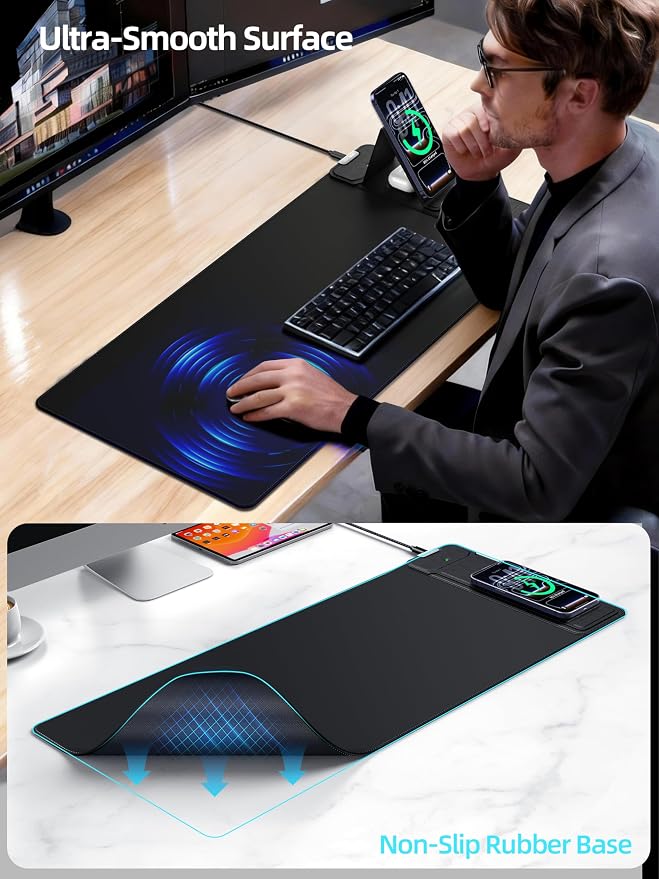 Mouse Pad with Magnetic Wireless Charging & Adjustable Phone Stand | 27.5"x11.8" Computer Keyboard Pad Mat with Anti-Slip Base & Stitched Edge, Easy Gliding, Spill-Resistant Surface, Black