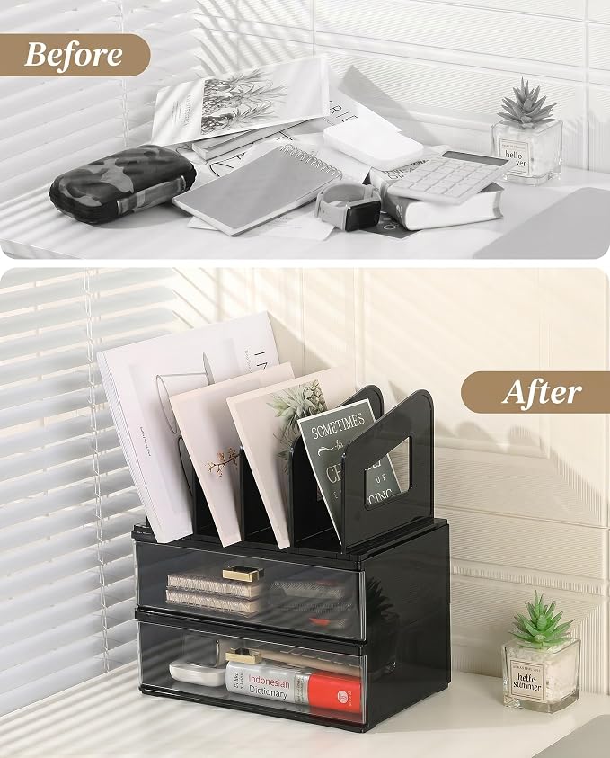 LALOBLUE Acrylic Desk Organizer with Drawer and Vertical File Holder, Desk Organizers and Accessories, Multi-Functional Office Supplies Organizer for Home or Work Desk, Black