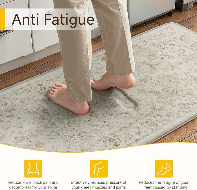 Anti Fatigue Kitchen Mats 2PCS Beige Neutral Mats for Cushioned Vintage Kitchen Matss for Floor Non-Slip Waterproof Comfort Standing Rug for Sink Laundry Office 17.3"×47"+17.3"×30"