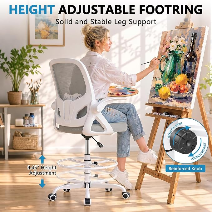 Kensaker Drafting Chair Tall Office Chair, Ergonomic Standing Desk Chair with Adjustable Foot Ring and Flip-up Armrests, Mesh Computer Chair for Art Studio, 300 LBS, Gray