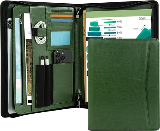 Calfinder Portfolio Folder with Zipper,Leather Padfolios for Women&Men,Professional Portfolio Binder with A4 Writing Pad Holder, Business Organizer for Resume/Interview