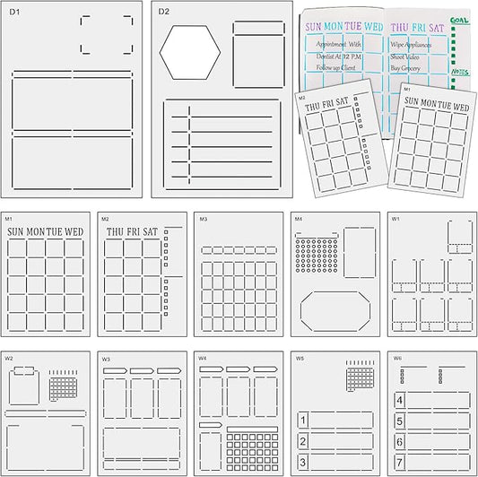 12 Pieces Speedy Spreads Journal Stencil DIY Journal Templates Reusable Weekly Monthly Layouts Stencils Plastic Planner Set for A5 Bullet Dot Grid DIY Notebook Diary
