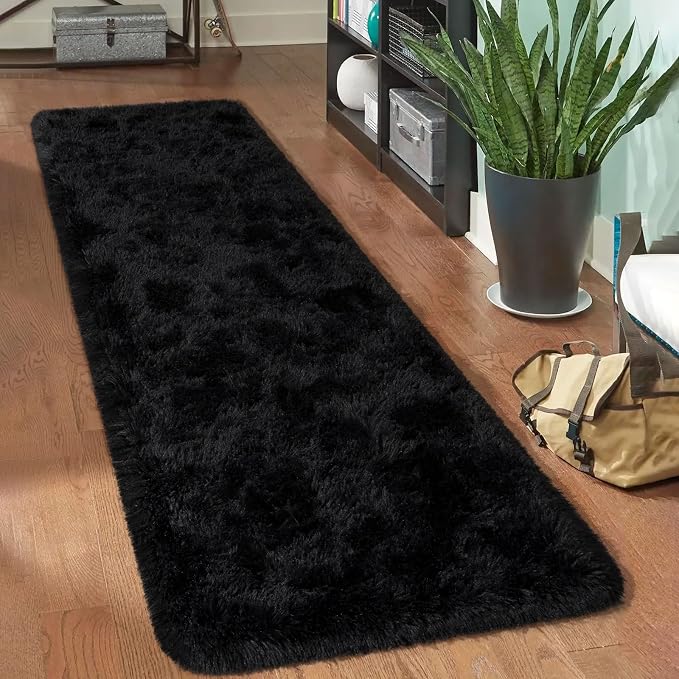 HOMORE 2x8 Runner Rugs for Bedroom, Black Runner Rug for Hallway Entryway Laundry, Modern Shag Bedroom Runner Cute Carpets for Kids Dorm Bedside